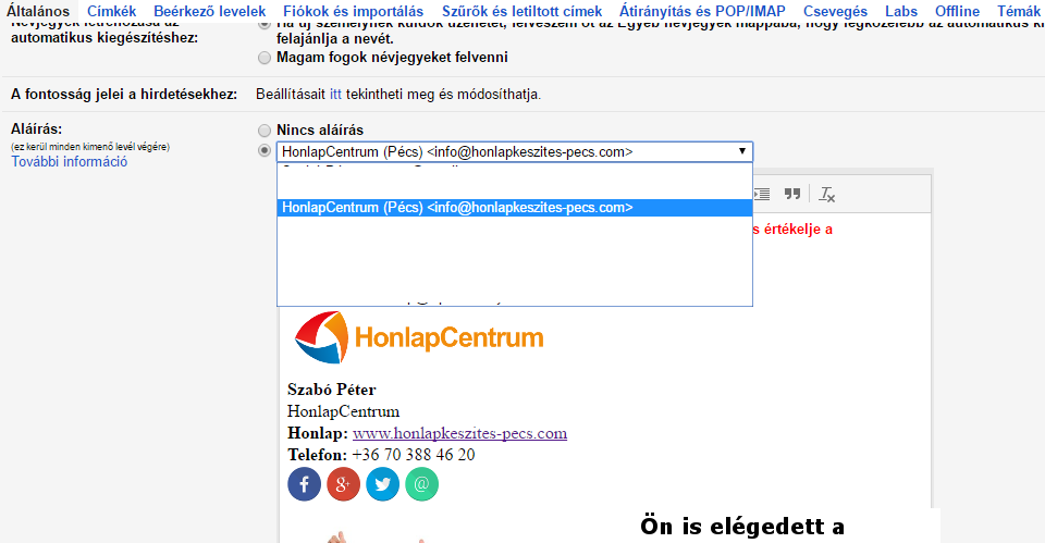 e-mail aláírás beállítása gmailben, e-mail aláírás, honlapkészítés, weblap készítés